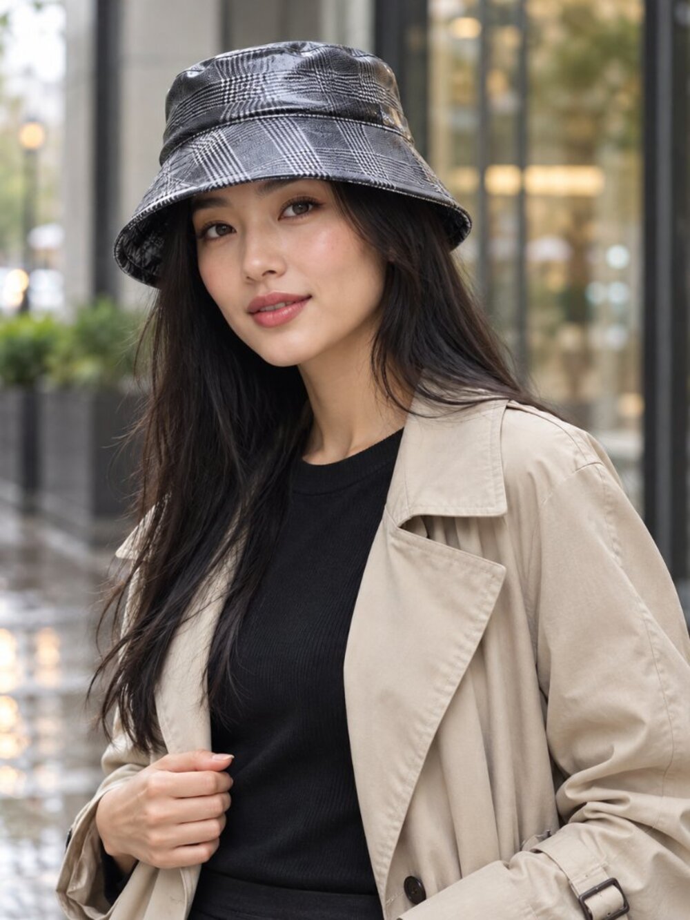 ZARA Accessories Plaid Bucket Hat Black & White Glossy Finish (Size S/M)